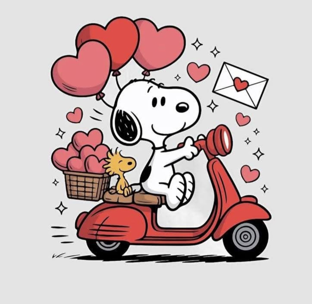 Cartoon Snoopy riding a red scooter with Woodstock, heart balloons, and floating hearts