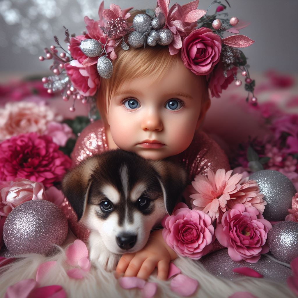 Young girl with blue eyes in pink floral crown holding husky puppy among roses and silver decorations