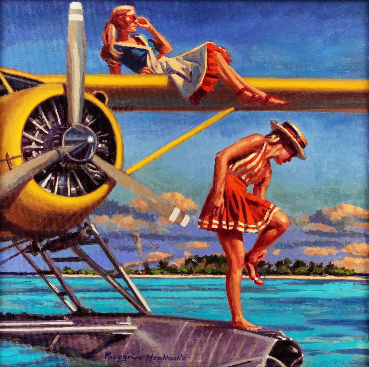 Painting of two women by a seaplane over bright blue tropical water near an island