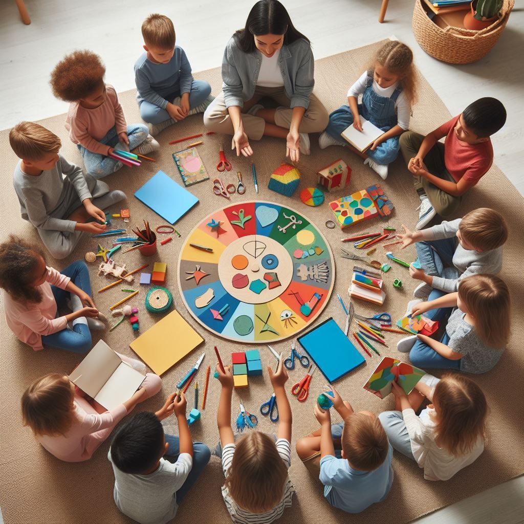 Overhead view of children and a teacher doing crafts in a circle around a colorful activity board