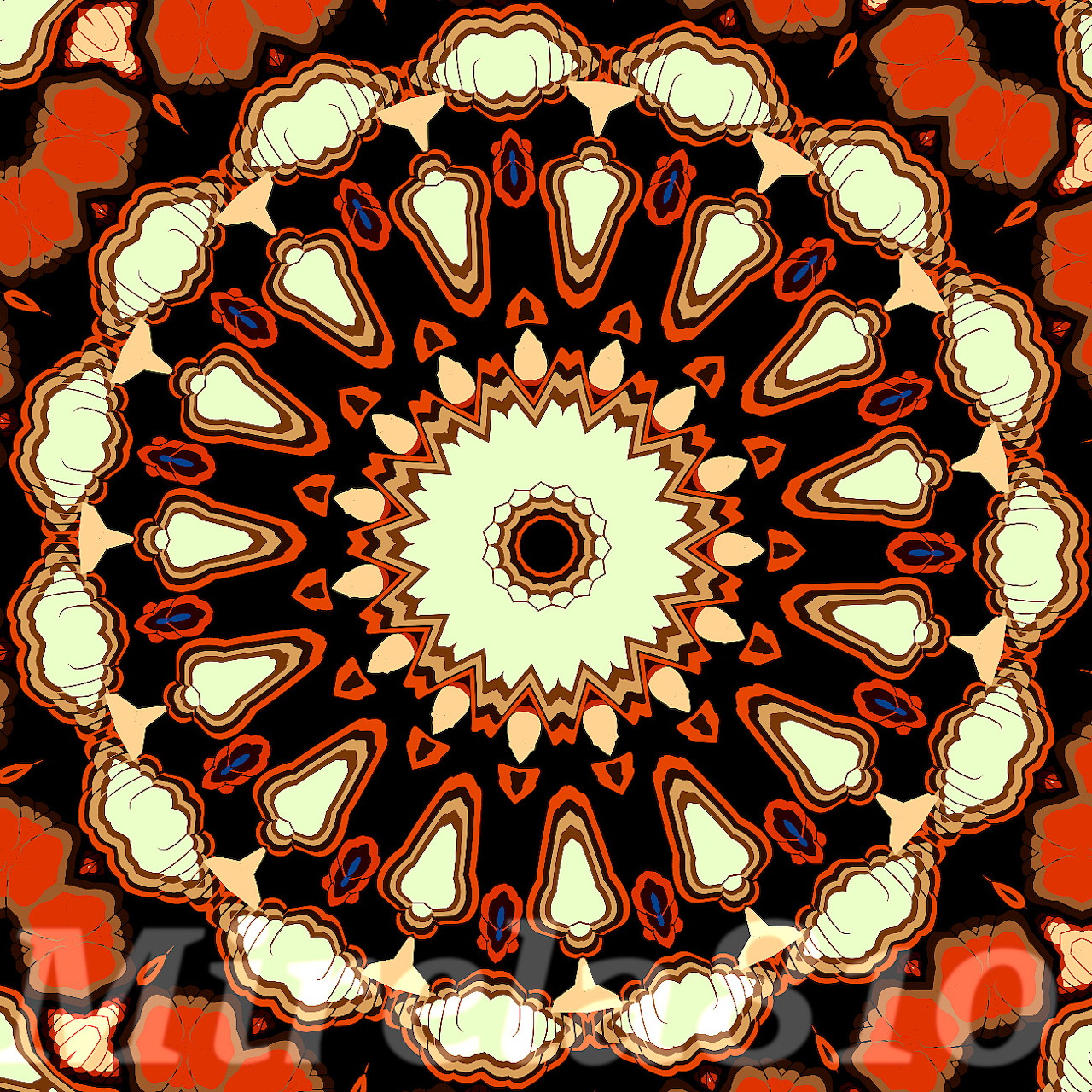 Symmetrical orange and cream mandala pattern on a black background