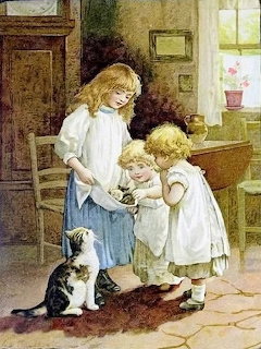 Victorian painting of three children in white dresses holding kittens while a taby cat watches indoors