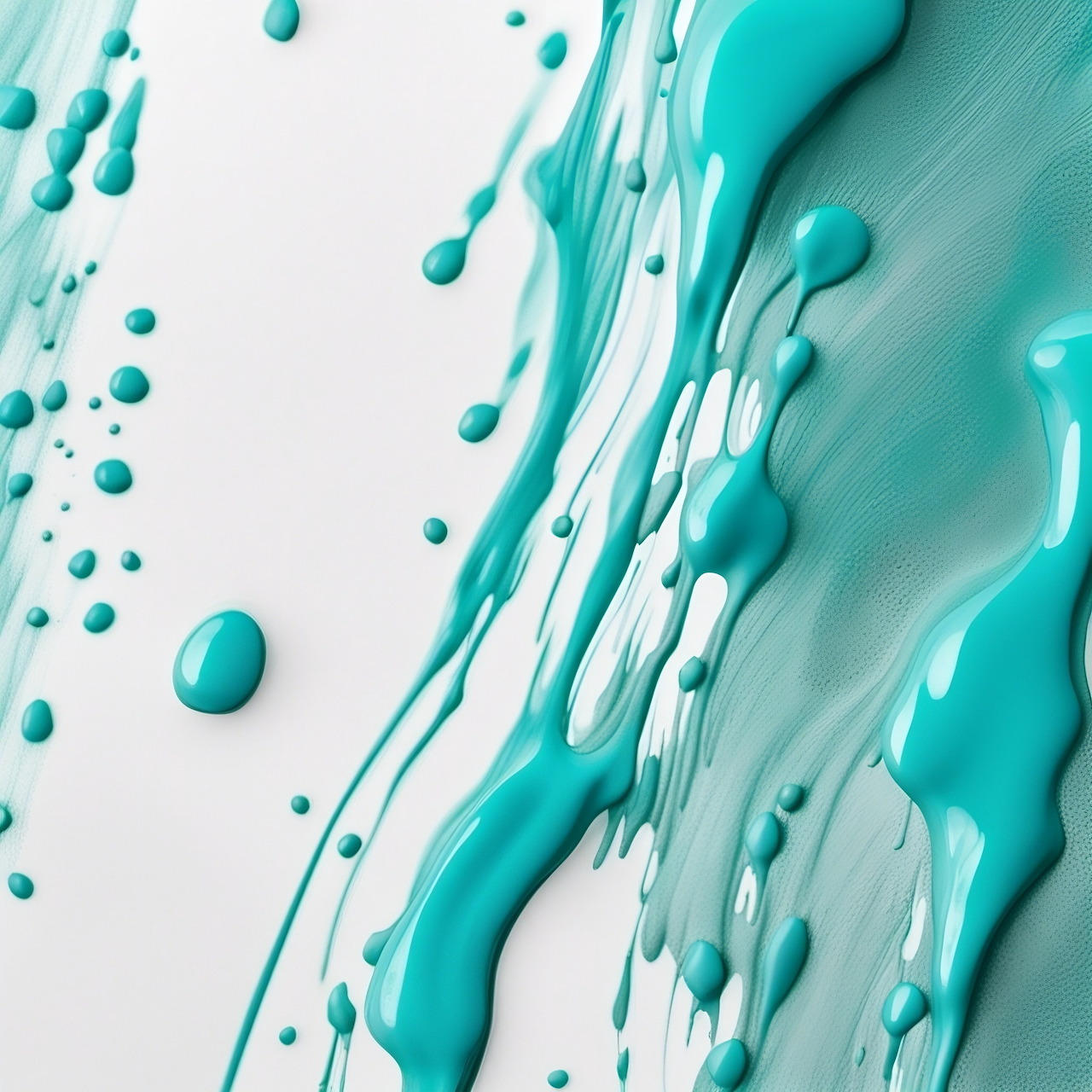 Teal paint splashing diagonally across white surface with droplets and flowing patterns
