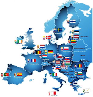 Illustrated map of Europe showing country flags across the continent