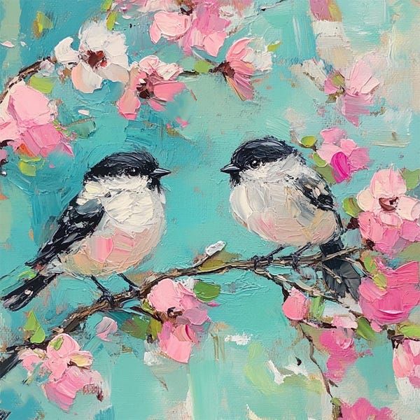 Painting of two birds on a branch with pink blossoms and a turquoise background