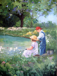 Impressionist painting of two people fishing by a peaceful pond with trees and flowers
