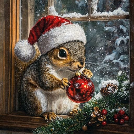 Mouse wearing a Santa hat holding a red Christmas ornament by a snowy window