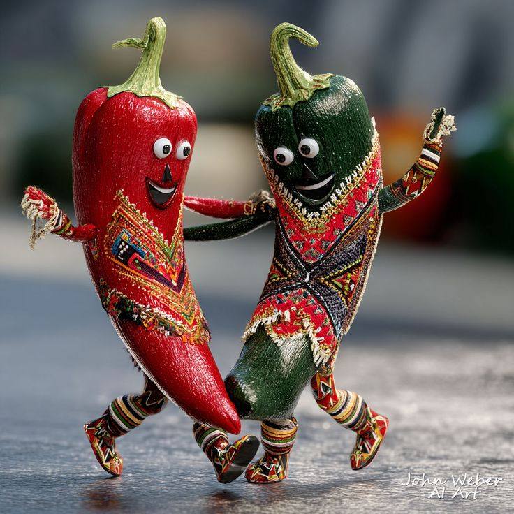 Red and green chili peppers with faces patterned clothing dancing together
