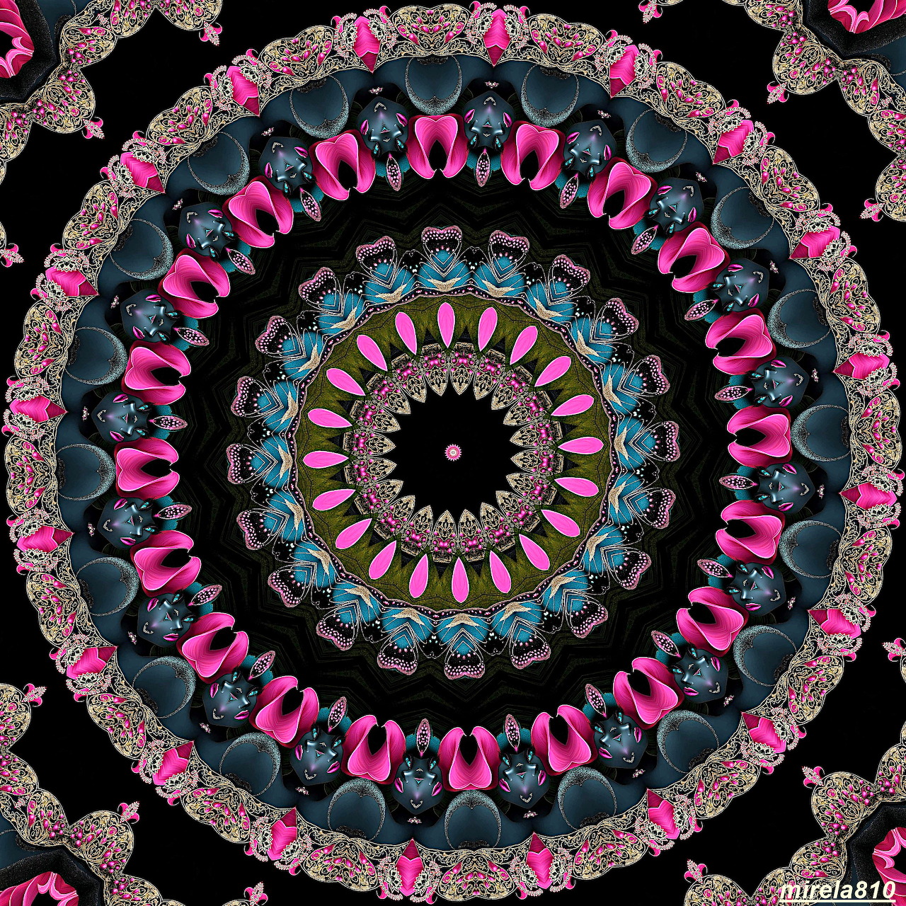 Ornate mandala with pink and blue jewel-like patterns on black background in concentric circles