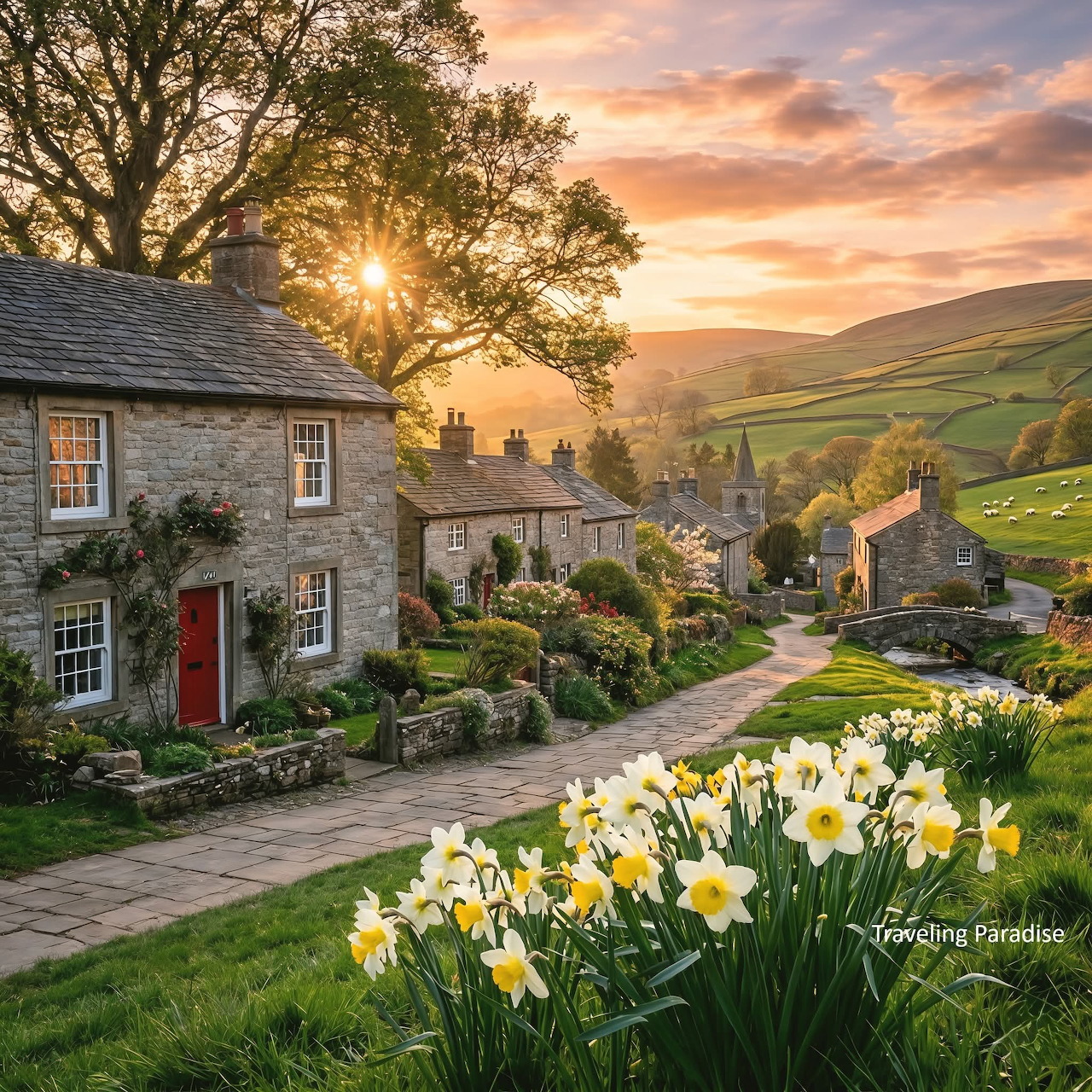 Stone cottages along rural lane with daffodils at sunset in English countryside