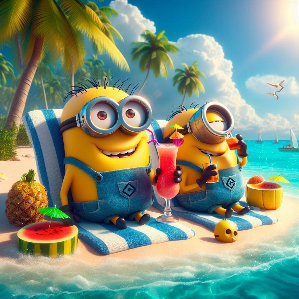 Two Minions sitting on striped beach towel with tropical drinks, fruit, and ocean view