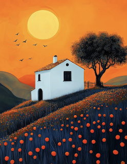 White house on a flowered hillside at sunset with a dark tree and birds