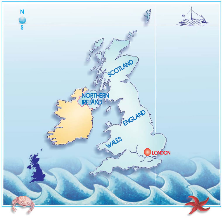 Illustrated map of the British Isles with region labels above stylized blue ocean waves
