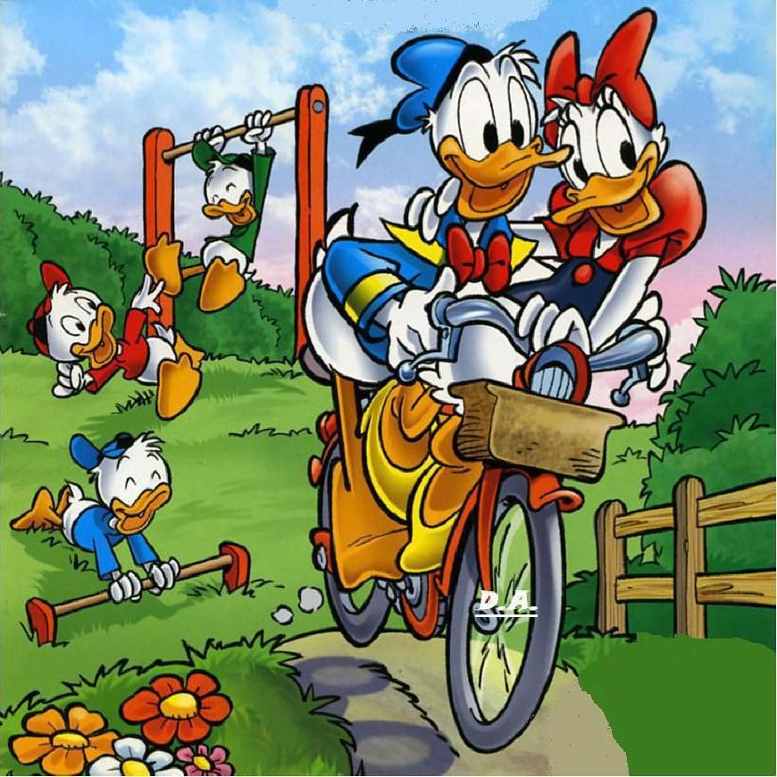 Donald Duck and Daisy Duck riding a tandem bicycle together on a sunny path with ducklings playing in the background