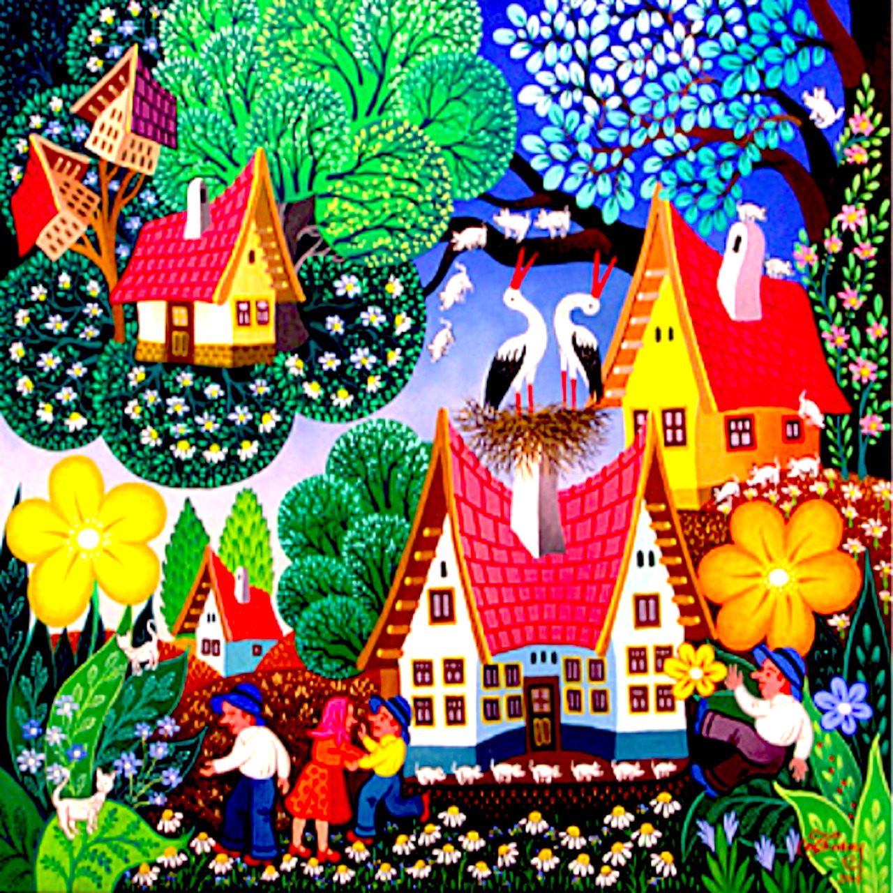 Colorful folk art village with patterned houses, trees, flowers, and people in whimsical naive style