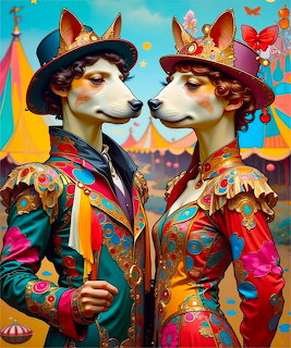 Two dogs dressed as circus performers in elaborate costumes with decorated hats, colorful carnival background