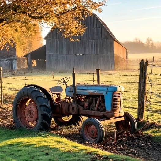 Blue vintage tractor parked near a wooden barn on a fogy morning with autumn foliage