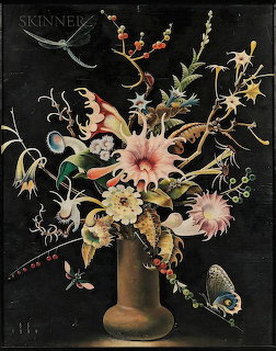 Still life painting of flowers in vase with butterflies and lizard on dark background