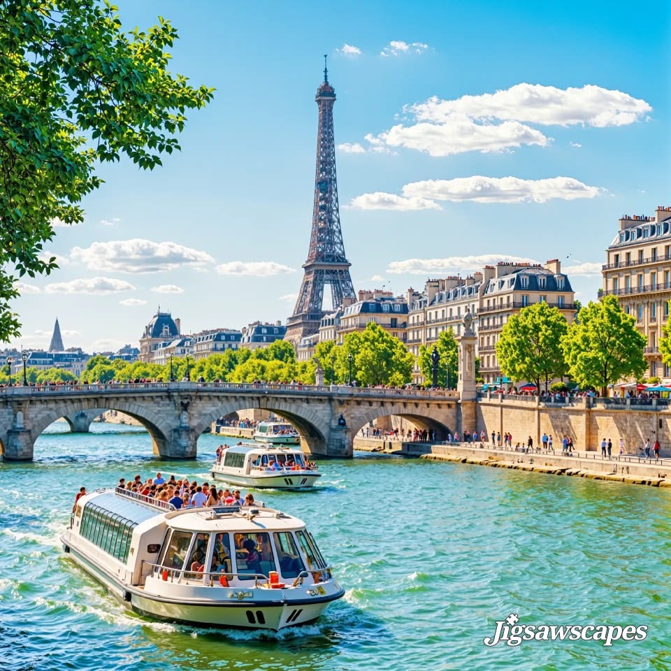 Tour boats on the Seine with the Eiffel Tower and Paris buildings in the background
