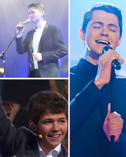 Collage of a young male singer performing on stage with a microphone in three different shots