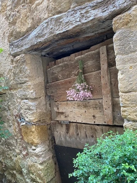 Old wooden window in a stone wall with pink flowers and green shrubbery