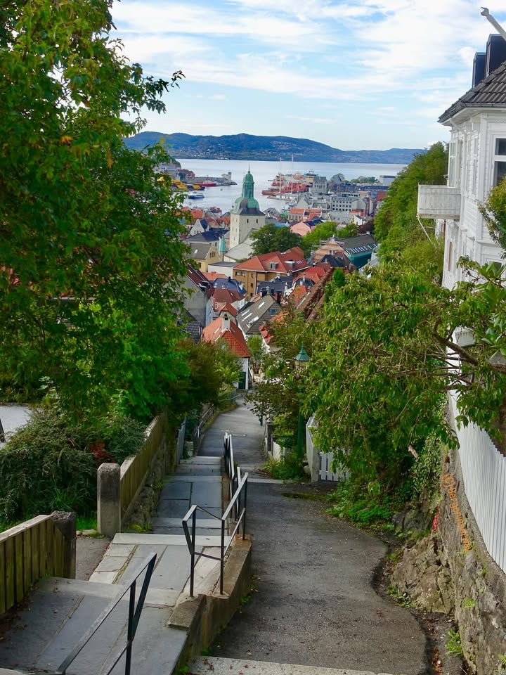 Colorful wooden houses along Bergen harbor waterfront in Norway