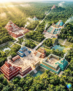 Aerial illustration of ancient Mesoamerican city with colorful pyramids and temples surrounded by jungle
