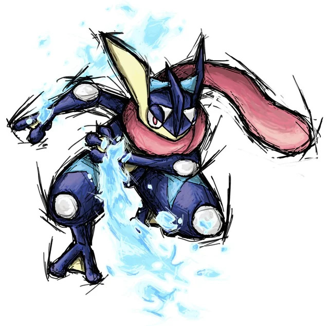 Greninja Pokemon character in blue and pink with water splash effects