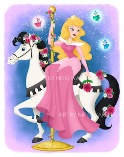 Disney Princess Aurora in pink dress on a carousel horse with roses and fairies
