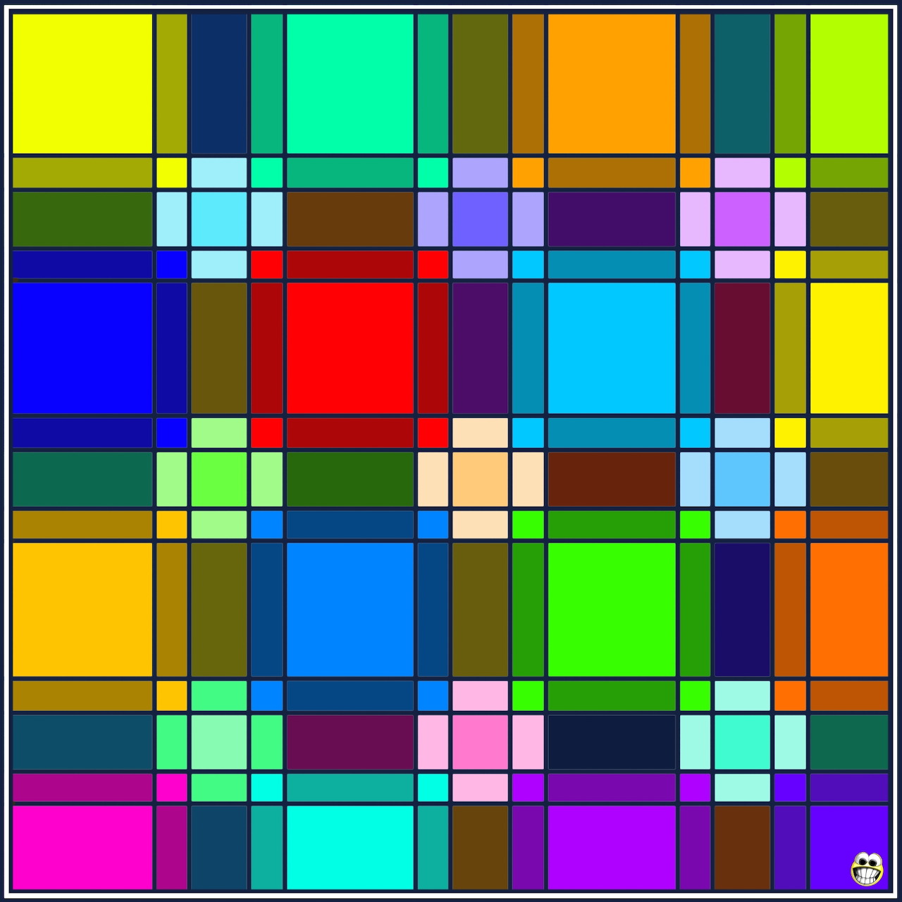 Abstract grid of bright colored squares separated by black lines resembling stained glass