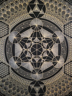Intricate sacred geometry mandala with circles, triangles, and detailed linework on a dark background
