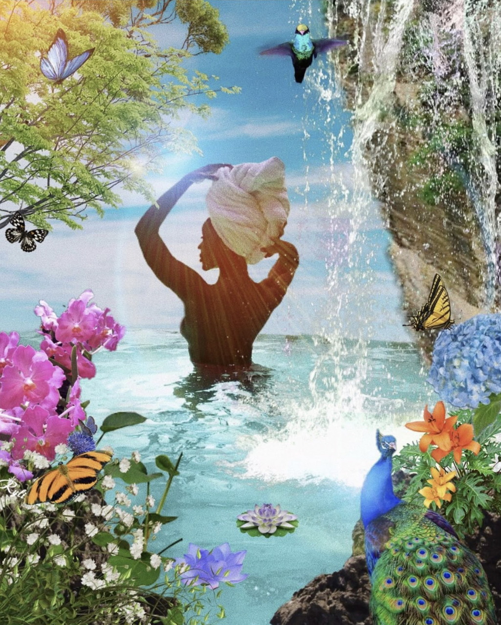 Fantasy illustration of a woman in water holding a shell, surrounded by flowers, butterflies, and a peacock