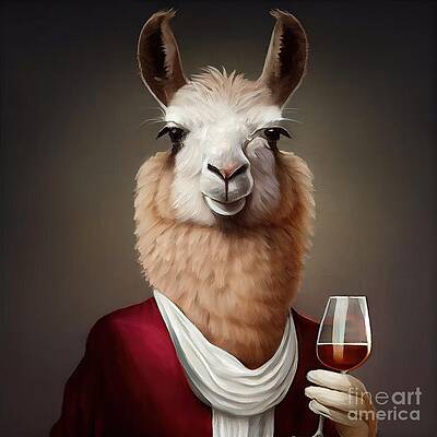 Illustrated llama holding and drinking from a cup