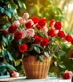 Red and Pink Roses in Basket