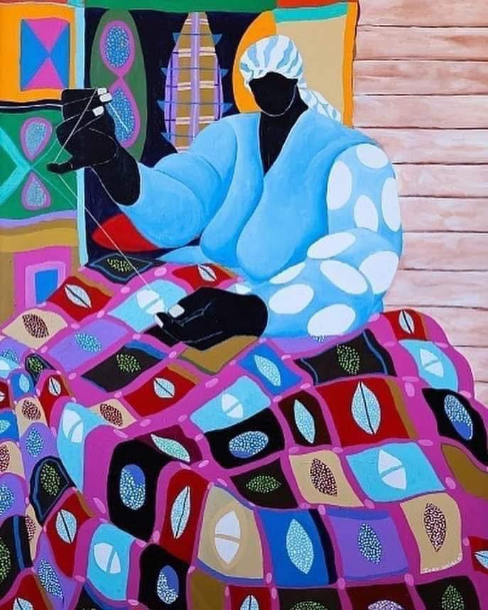 Colorful painting of a seated woman in a blue robe holding a spindle on a patterned quilt