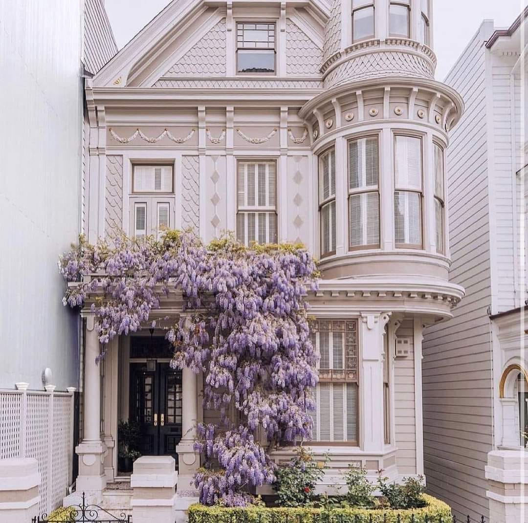 Ornate Victorian house facade with bay windows and blooming purple wisteria