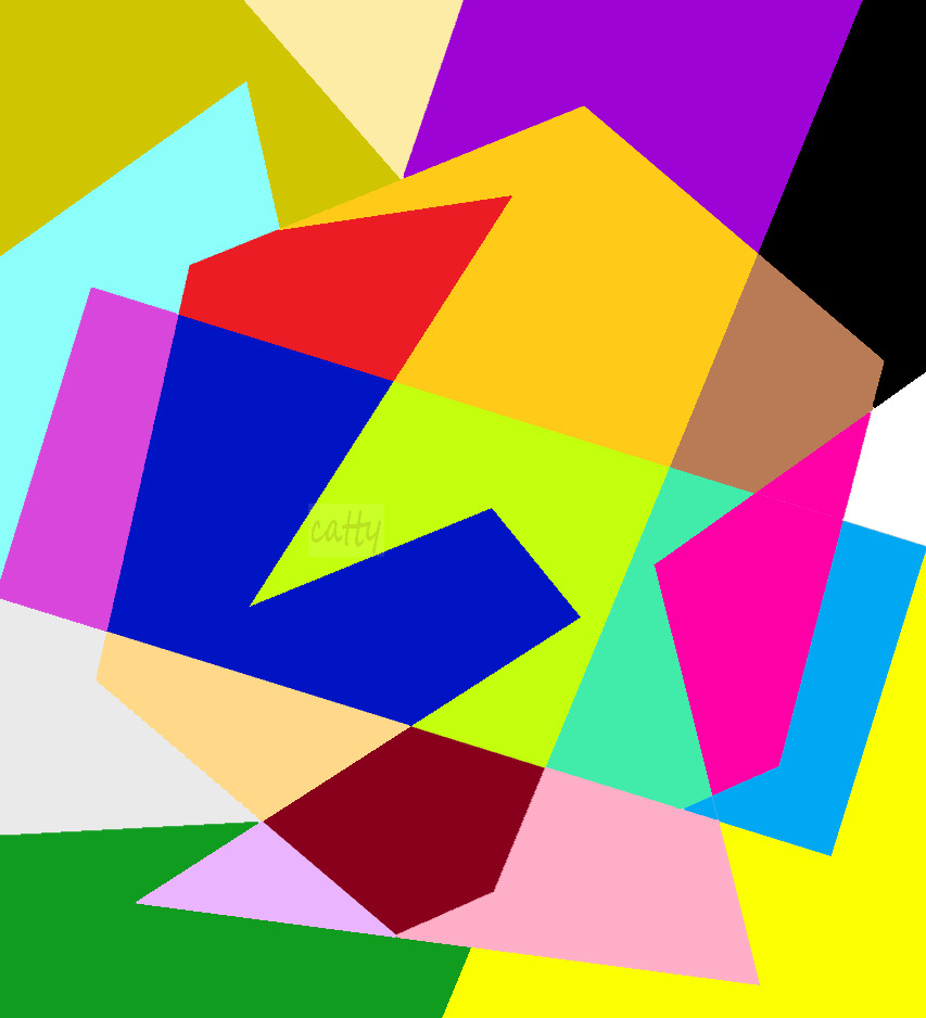 Abstract geometric art with overlapping colorful triangles and shapes in bright yellow, blue, pink, green, and purple