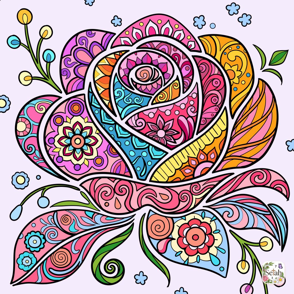 Decorative rose with colorful mandala and paisley patterns, swirls, and floral details