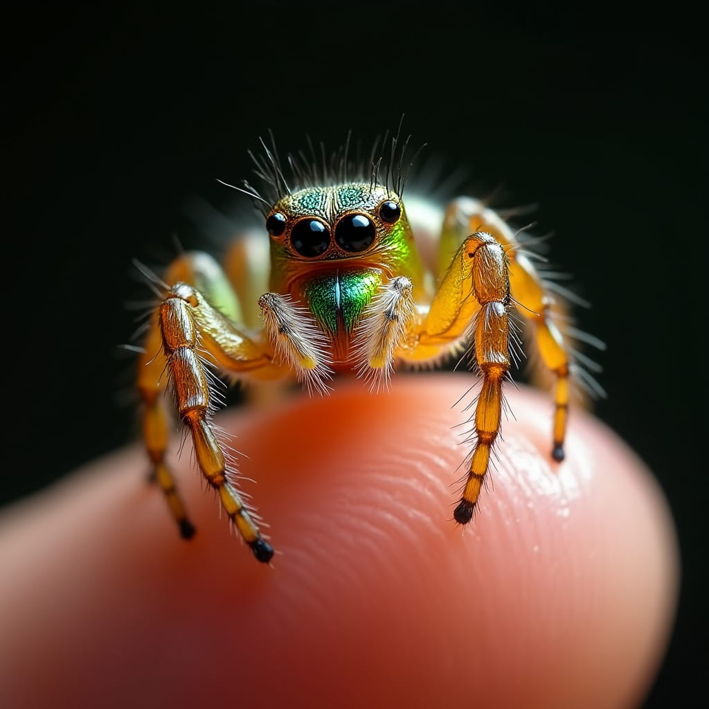 Colorful jumping peacock spider perched on a fingertip in a macro close-up