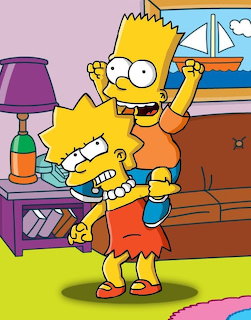 Bart Simpson giving Lisa Simpson a piggyback ride indoors