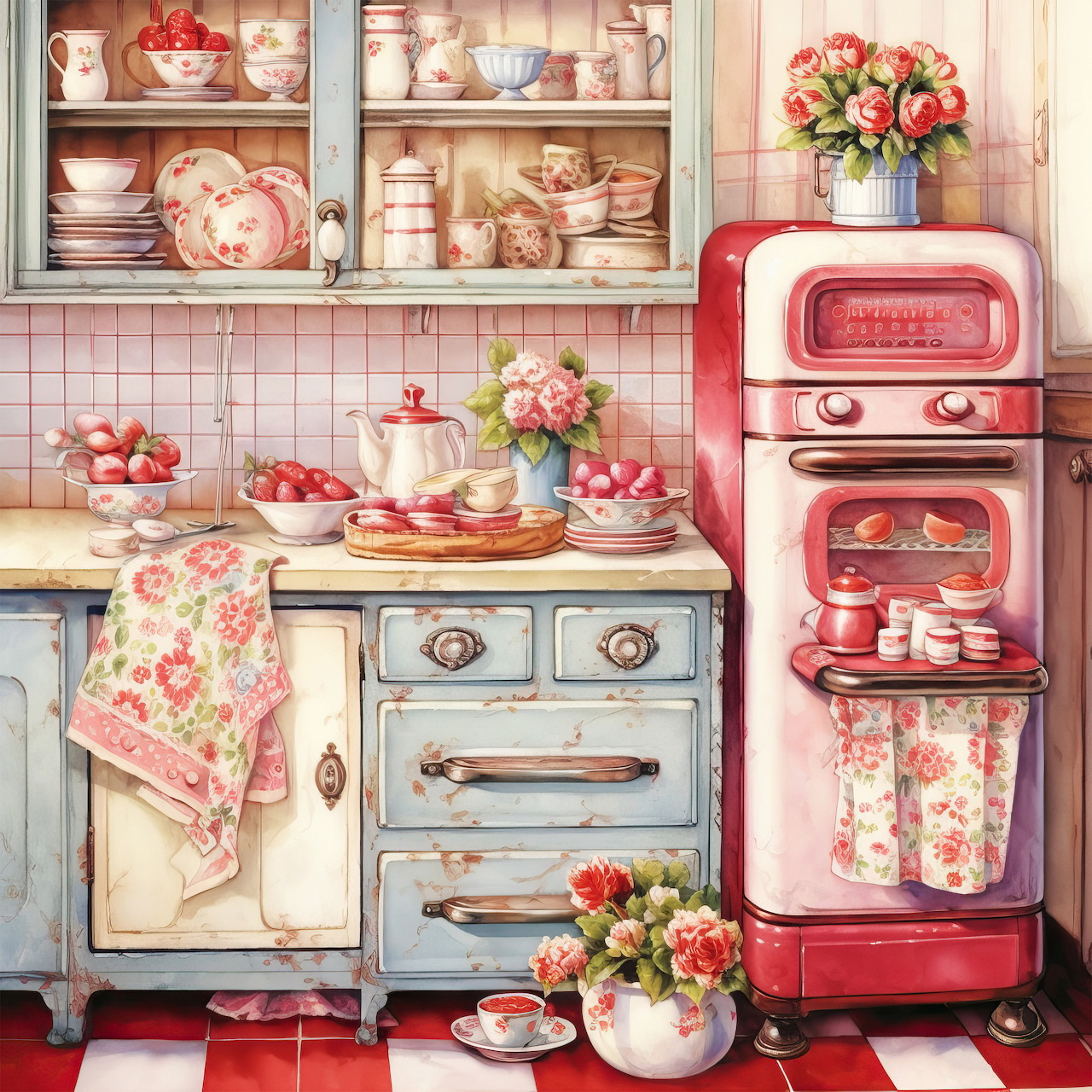 Vintage pastel kitchen with floral dishes, blue cabinets, and a pink retro stove with pastries