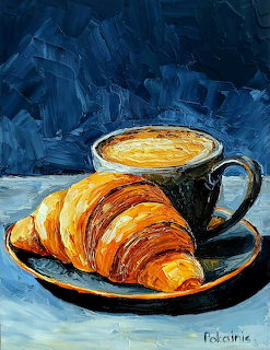 Oil painting of croissant on blue plate with coffee cup in impressionist style