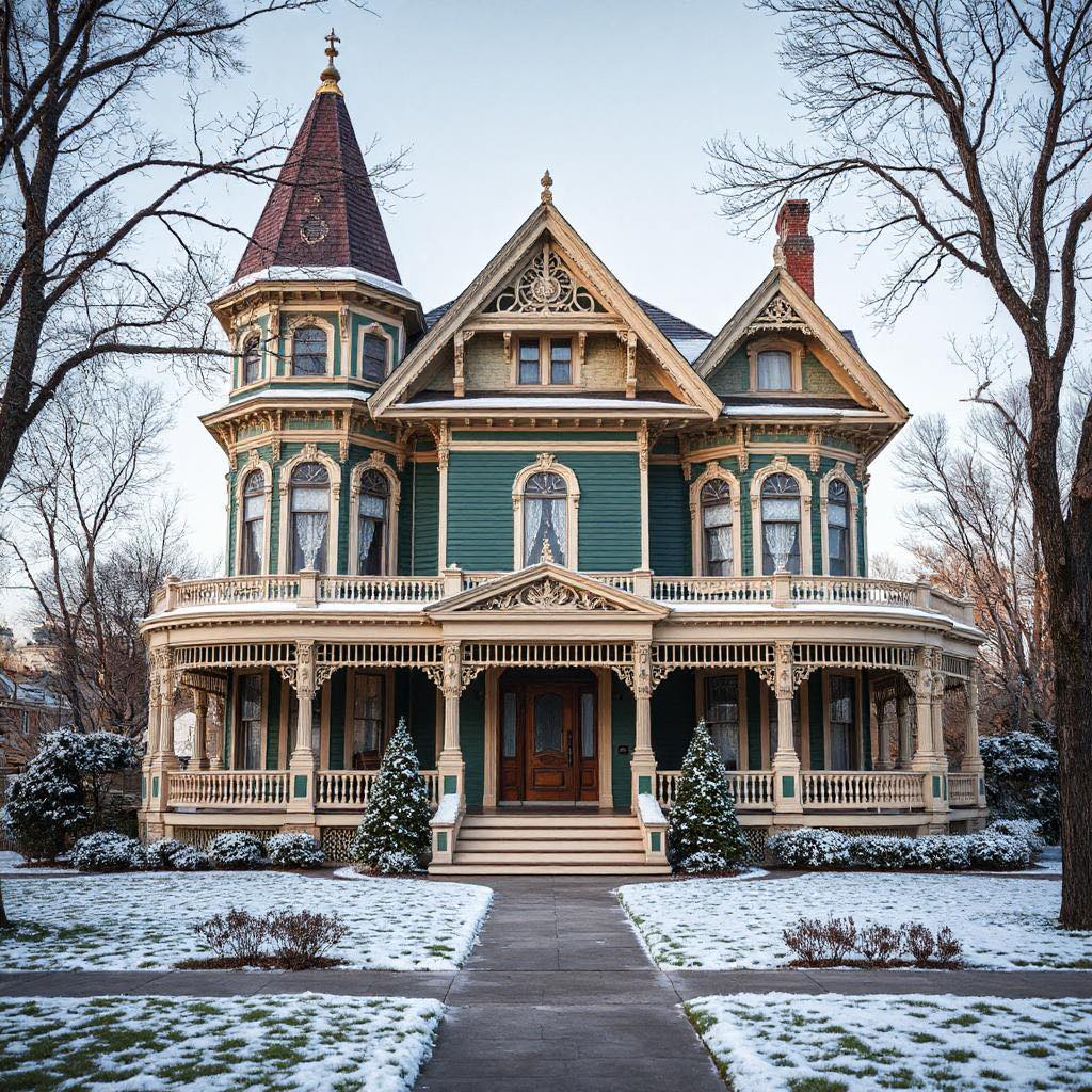 Elaborate Victorian house with turret and decorative trim in snowy winter setting