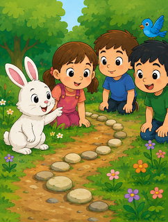 Cartoon of three kids petting a white buny on a garden stone path with flowers and a bluebird