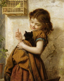 Painting of a young girl in a brown dress holding a black cat indoors
