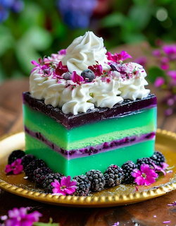 Slice of colorful blackberry layer cake with whipped cream, berries, and pink flowers on a gold plate