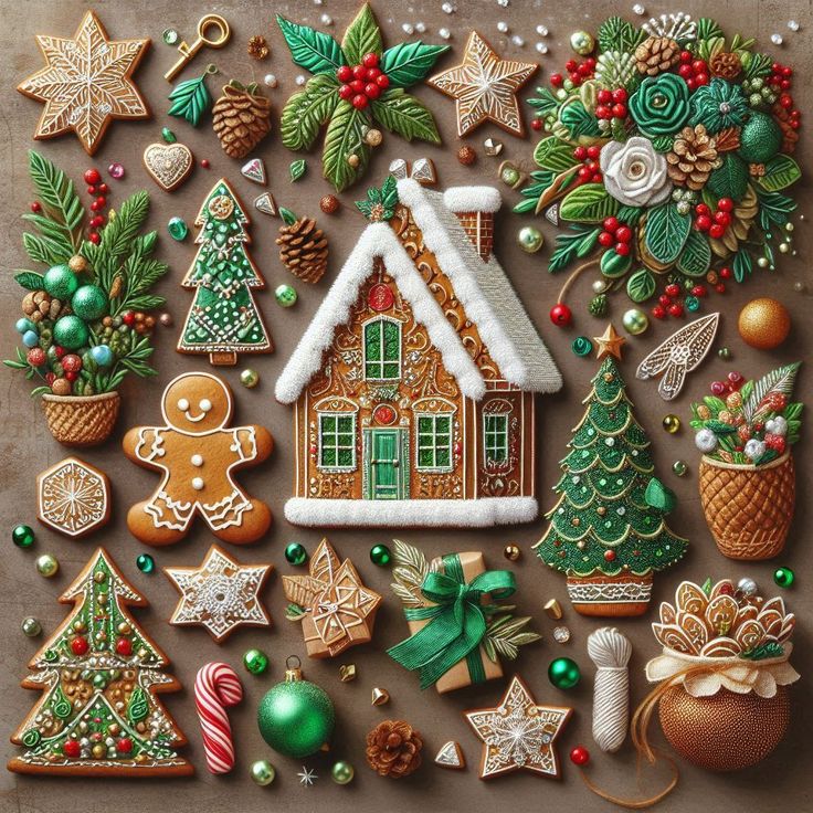 Gingerbread house with Christmas cookies, trees, ornaments, and festive decorations arranged on wood surface