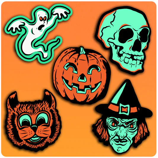 Retro Halloween illustration with ghost, pumpkin, skull, cat, and witch on orange background