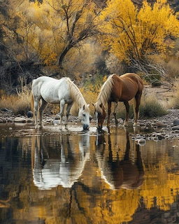 White and brown horses drinking side by side from still water with golden autumn foliage reflected behind them