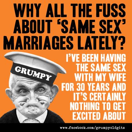 Grumpy old man cartoon meme on orange background with humorous text about same-sex marriage